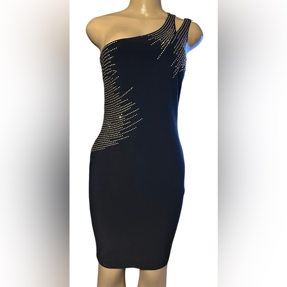 Cache Black One-Shoulder Size 6 Asymmetrical Pattern Rhinestone Embellishments - Picture 4 of 14